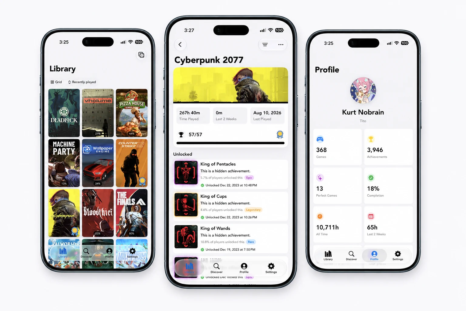 Vapor’s library, completed game achievements, and player profile on three iPhones